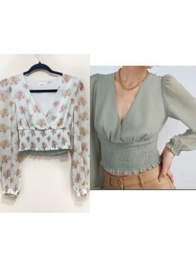 Wilfred Wistful Floral Blouse Smocked V-Neck Size XS Powder Blue Floral Print